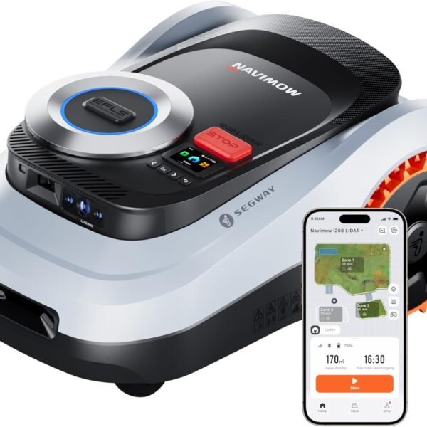 Segway Navimow i208 LiDAR Mähroboter ohne Begrenzungskabel für 800 m², Geländereifen für Hänge bis 45% Neigung, LiDAR und Vision Dual System, Automatisches EIN-TIPP-Kartieren, Ohne Drähte oder Antenne