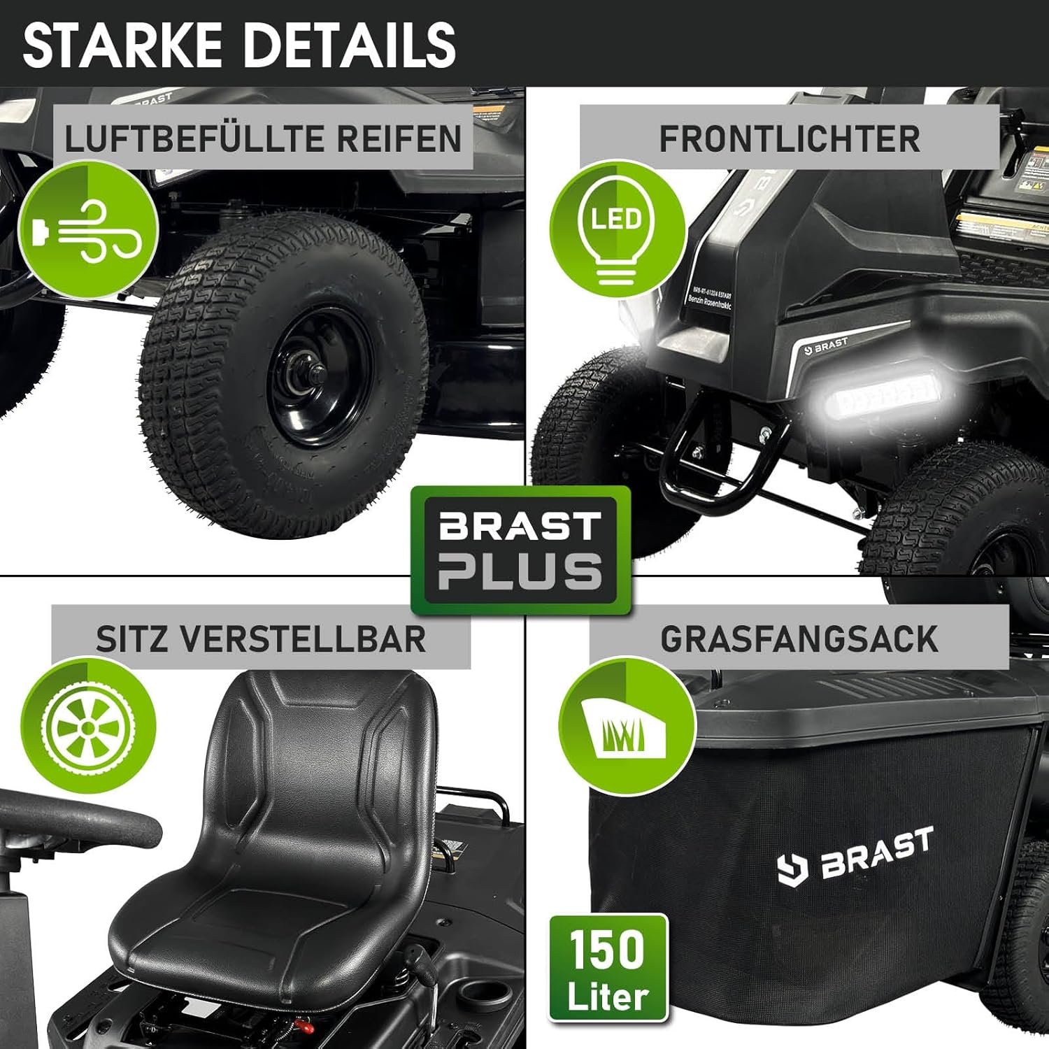 brast benzin rasentraktor aufsitzmäher | 5,15kw(7ps) | elektrostart | xxl schnittbreite 61cm | tÜv geprüft | variable geschwindigkeit | 150l fangkorb | für mittlere bis große rasenflächen BRAST Benzin Rasentraktor Aufsitzmäher | 5,15kW(7PS) | Elektrostart | XXL Schnittbreite 61cm | TÜV geprüft | Variable Geschwindigkeit | 150L Fangkorb | für mittlere bis große Rasenflächen