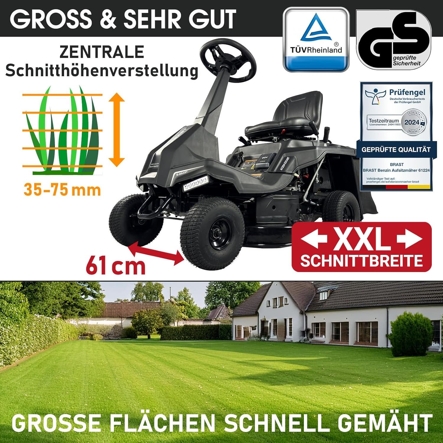brast benzin rasentraktor aufsitzmäher | 5,15kw(7ps) | elektrostart | xxl schnittbreite 61cm | tÜv geprüft | variable geschwindigkeit | 150l fangkorb | für mittlere bis große rasenflächen BRAST Benzin Rasentraktor Aufsitzmäher | 5,15kW(7PS) | Elektrostart | XXL Schnittbreite 61cm | TÜV geprüft | Variable Geschwindigkeit | 150L Fangkorb | für mittlere bis große Rasenflächen