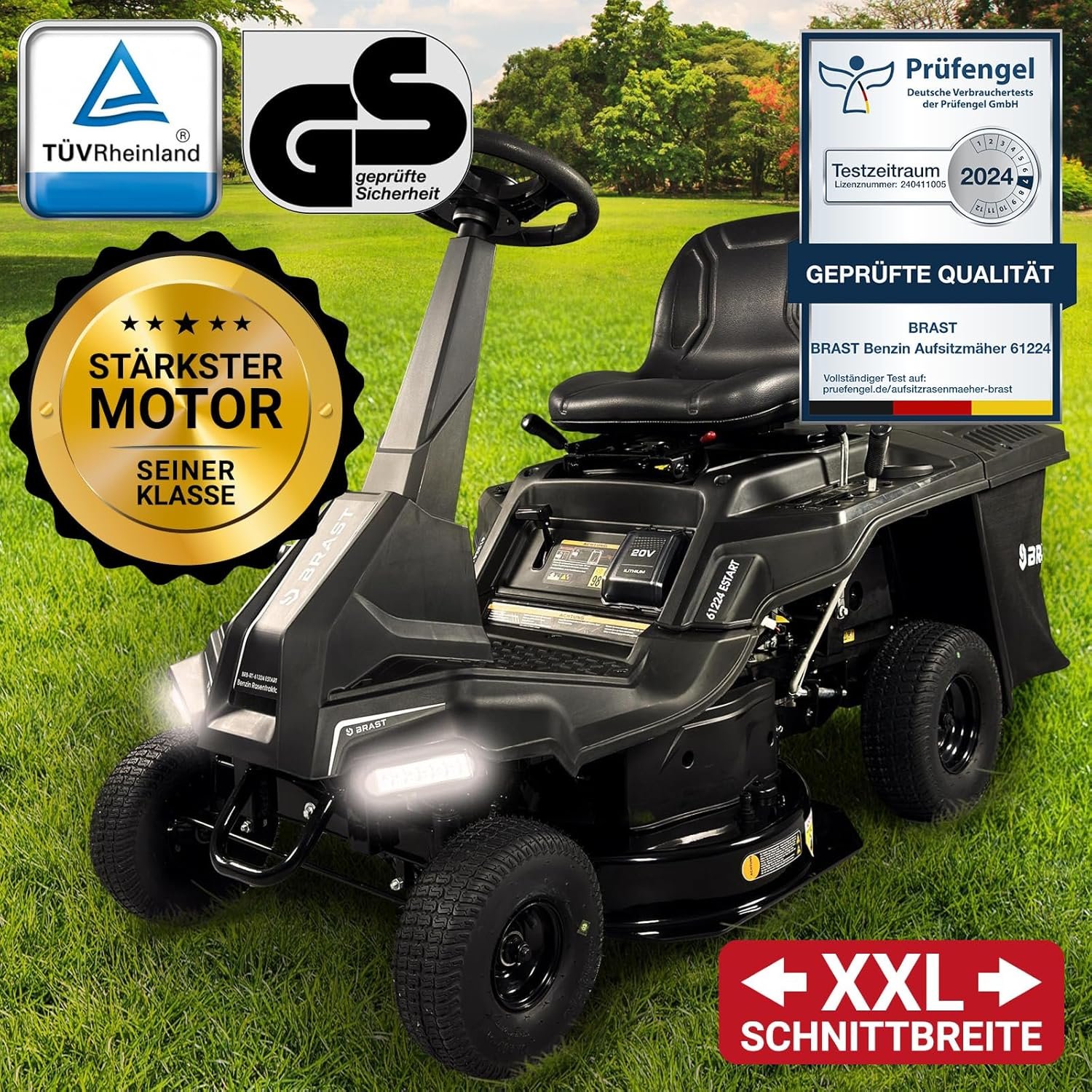 brast benzin rasentraktor aufsitzmäher | 5,15kw(7ps) | elektrostart | xxl schnittbreite 61cm | tÜv geprüft | variable geschwindigkeit | 150l fangkorb | für mittlere bis große rasenflächen BRAST Benzin Rasentraktor Aufsitzmäher | 5,15kW(7PS) | Elektrostart | XXL Schnittbreite 61cm | TÜV geprüft | Variable Geschwindigkeit | 150L Fangkorb | für mittlere bis große Rasenflächen