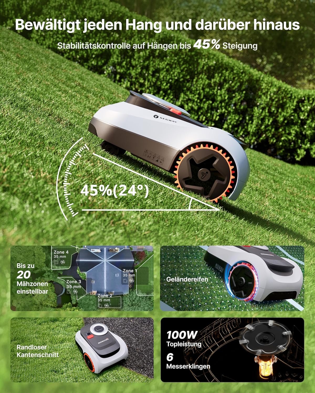 segway navimow i208 lidar mähroboter ohne begrenzungskabel für 800 m², geländereifen für hänge bis 45% neigung, lidar und vision dual system, automatisches ein tipp kartieren, ohne drähte oder antenne Segway Navimow i208 LiDAR Mähroboter ohne Begrenzungskabel für 800 m², Geländereifen für Hänge bis 45% Neigung, LiDAR und Vision Dual System, Automatisches EIN-TIPP-Kartieren, Ohne Drähte oder Antenne